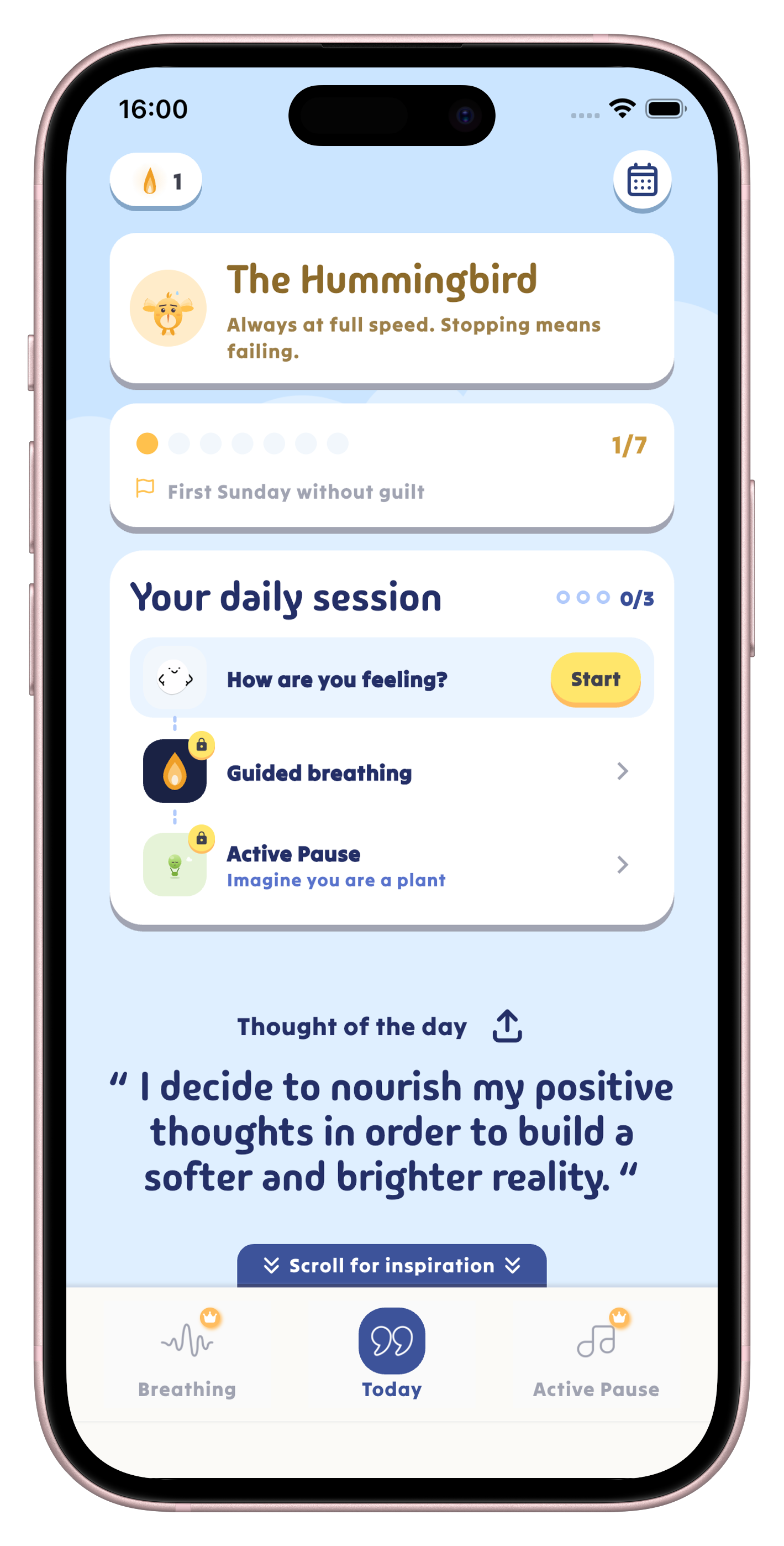Ang home screen ng Hygge na personalisado sa iyong archetype, dito Ang Kolibri.